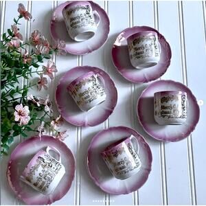 Antique Leuchtenburg Germany Merry Christmas Porcelain TEACUP SAUCER Pink x6